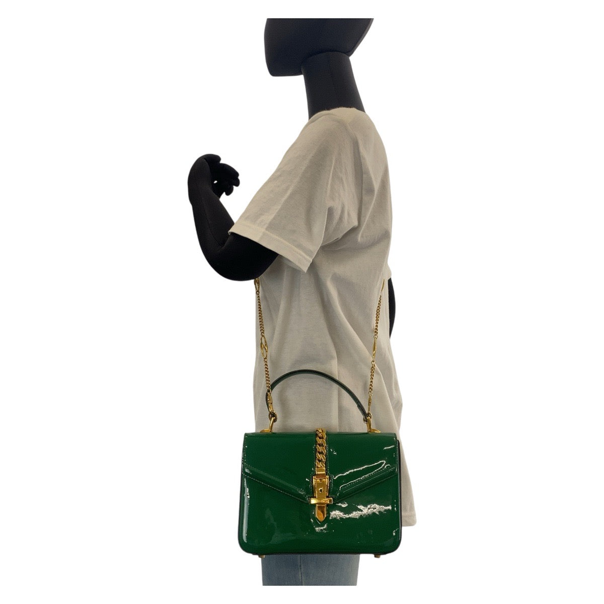 14616
GUCCI グッチ シルヴィ グリーン ゴールド金具 パテントレザー 589479 斜め掛け ショルダーバッグ ハンドバッグ 2way  レディース
