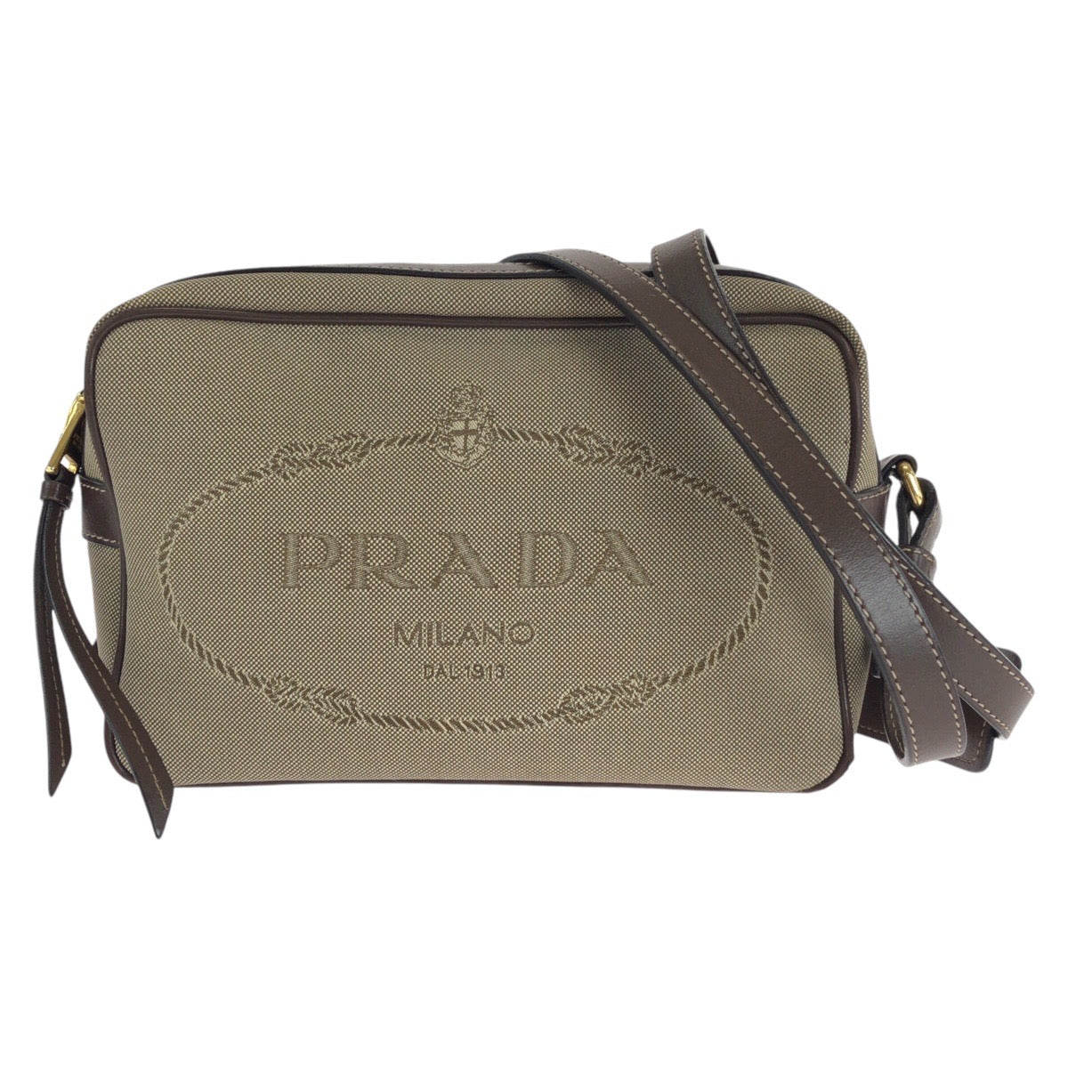 14620
PRADA プラダ ロゴジャガード 三角ロゴプレート ベージュ ブラウン ゴールド金具 キャンバス / レザー ショルダーバッグ ポシェット  レディース