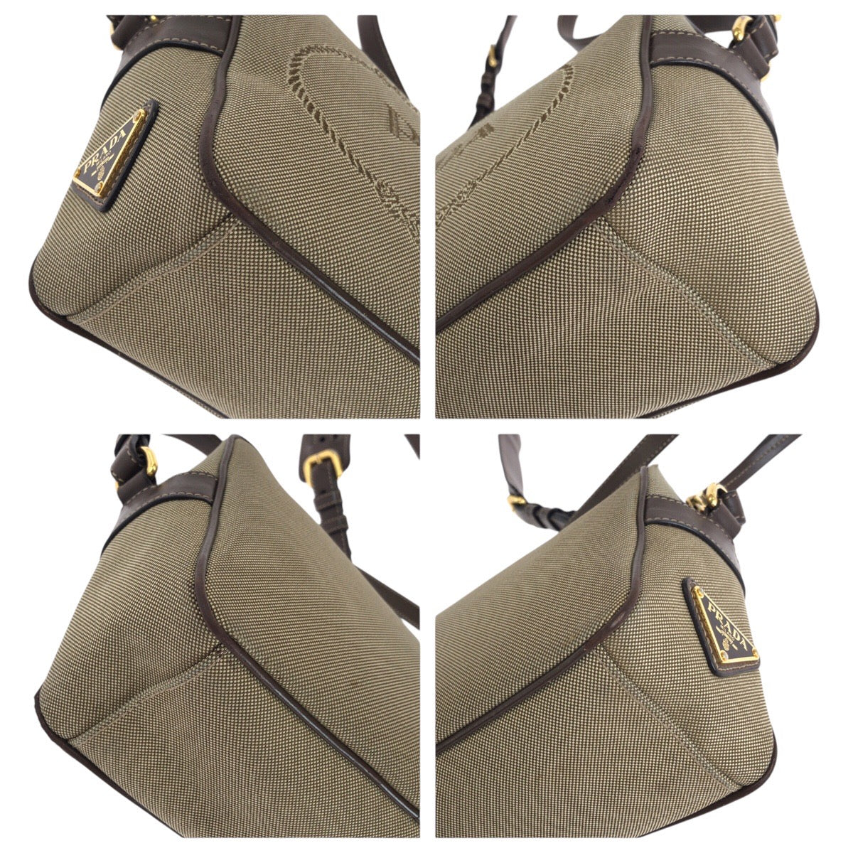 14620
PRADA プラダ ロゴジャガード 三角ロゴプレート ベージュ ブラウン ゴールド金具 キャンバス / レザー ショルダーバッグ ポシェット  レディース