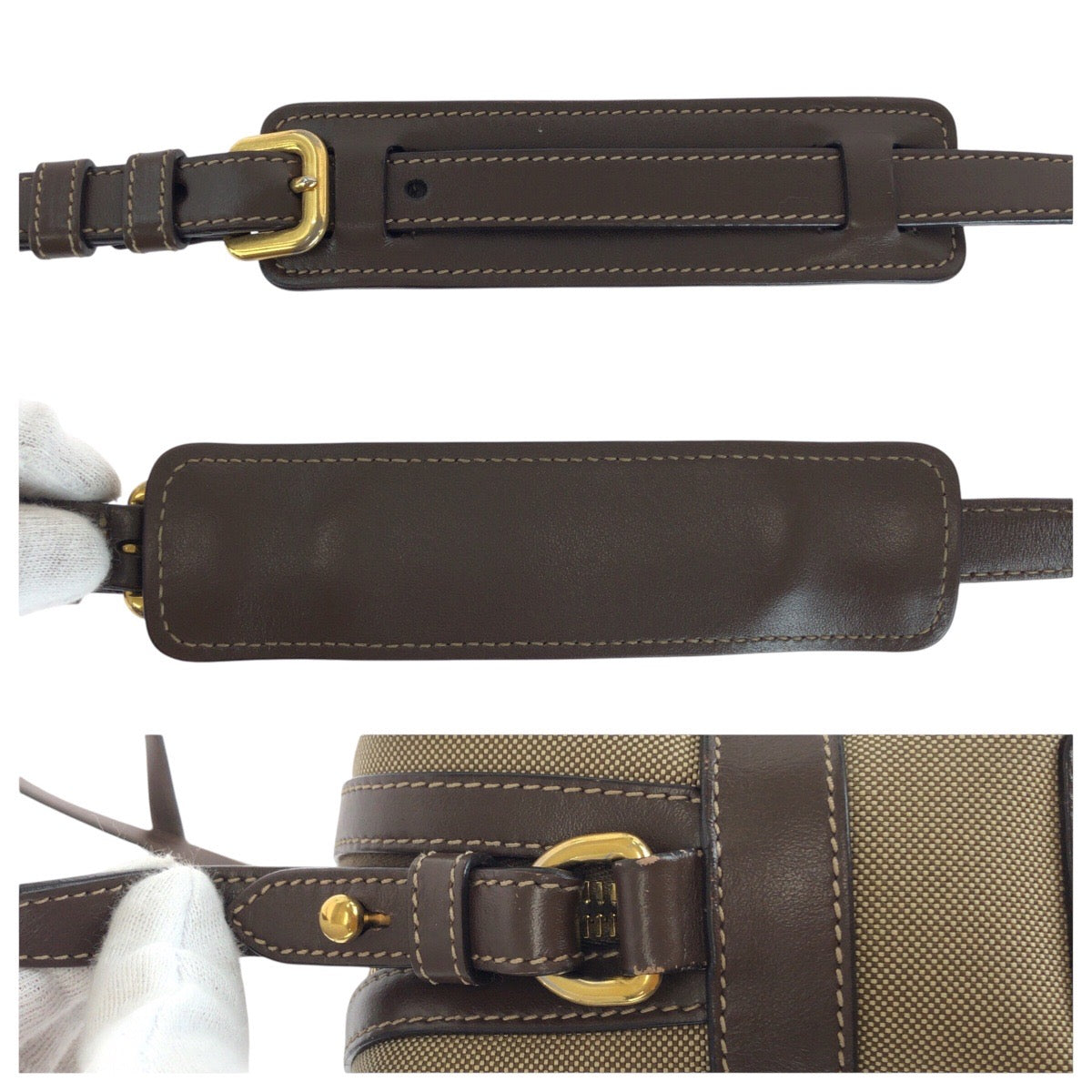 14620
PRADA プラダ ロゴジャガード 三角ロゴプレート ベージュ ブラウン ゴールド金具 キャンバス / レザー ショルダーバッグ ポシェット  レディース