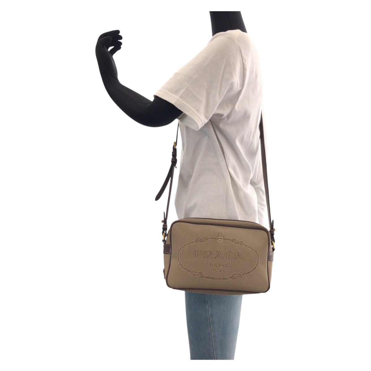 14620
PRADA プラダ ロゴジャガード 三角ロゴプレート ベージュ ブラウン ゴールド金具 キャンバス / レザー ショルダーバッグ ポシェット  レディース