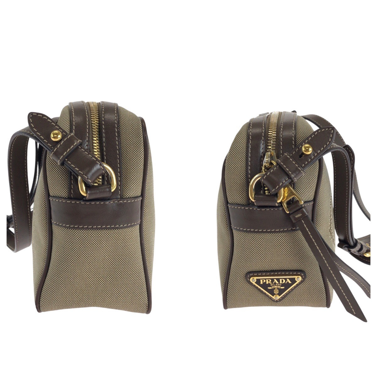 14620
PRADA プラダ ロゴジャガード 三角ロゴプレート ベージュ ブラウン ゴールド金具 キャンバス / レザー ショルダーバッグ ポシェット  レディース