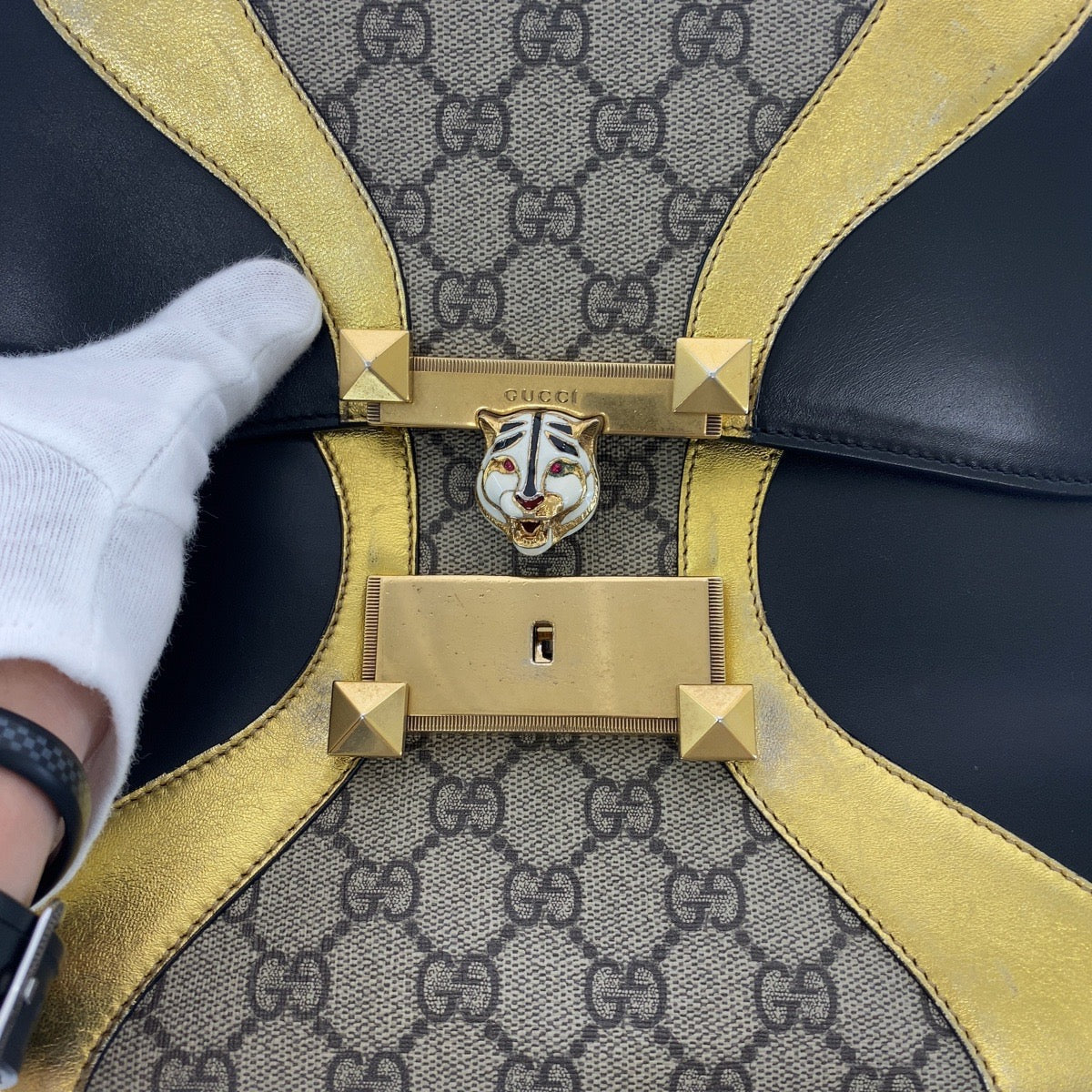 GUCCI グッチ キャットヘッド ブラック ゴールド GGスプリームキャンバス / レザー 4576435 ハンドバッグ ショルダーバッグ 2way  レディース