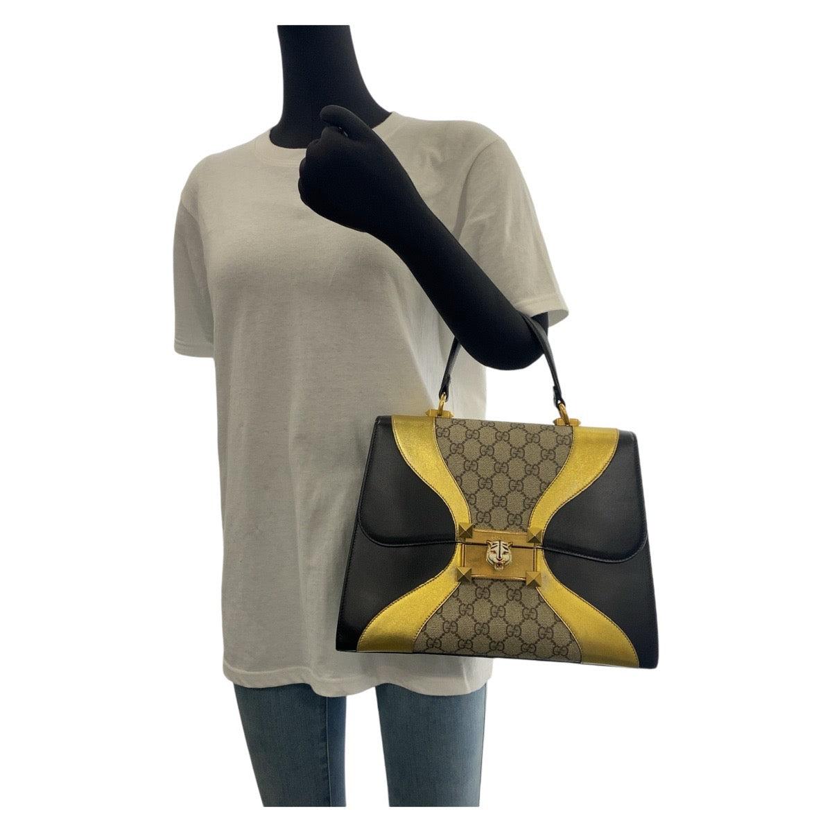 GUCCI グッチ キャットヘッド ブラック ゴールド GGスプリームキャンバス / レザー 4576435 ハンドバッグ ショルダーバッグ 2way  レディース