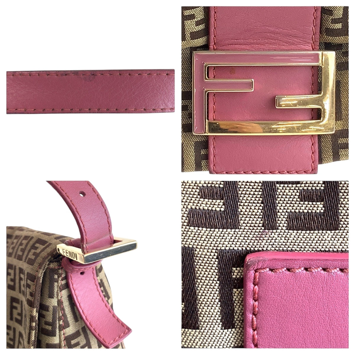 14629
FENDI フェンディ ズッキーノ マンマバケット ブラウン ピンク ゴールド金具 キャンバス / レザー ショルダーバッグ  レディース ABP67