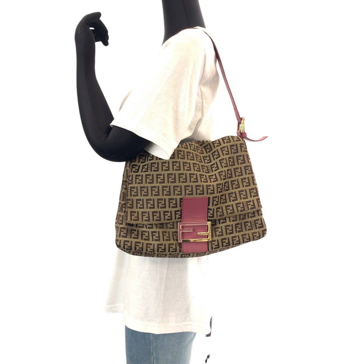 14629
FENDI フェンディ ズッキーノ マンマバケット ブラウン ピンク ゴールド金具 キャンバス / レザー ショルダーバッグ  レディース ABP67