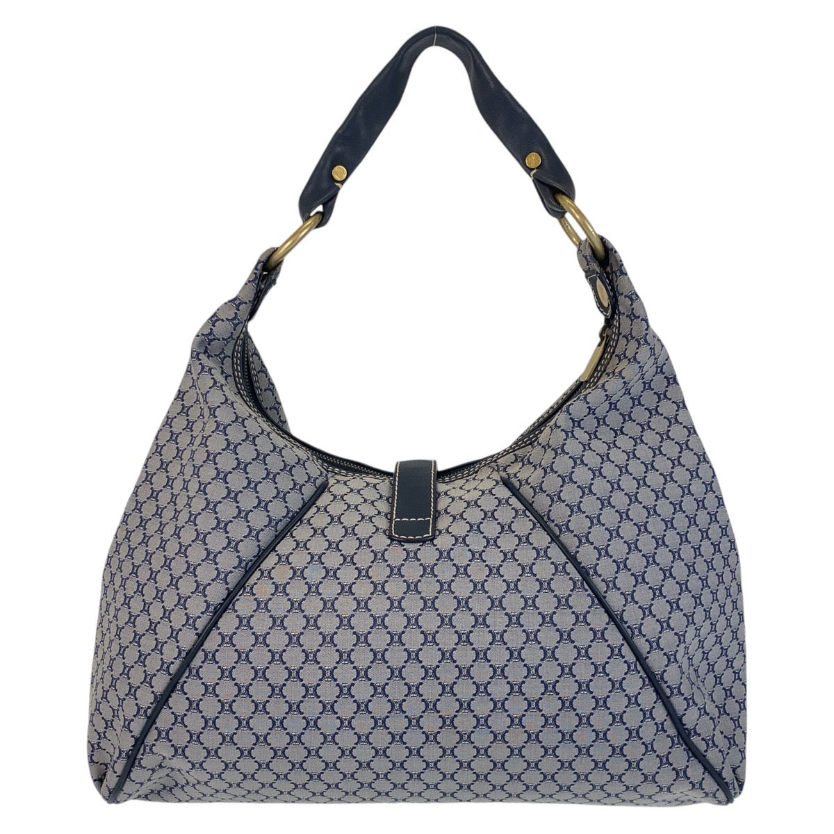 14632
CELINE セリーヌ マカダム グレー ネイビー ゴールド金具 キャンバス / レザー ホーボー ショルダーバッグ  レディース ABP32