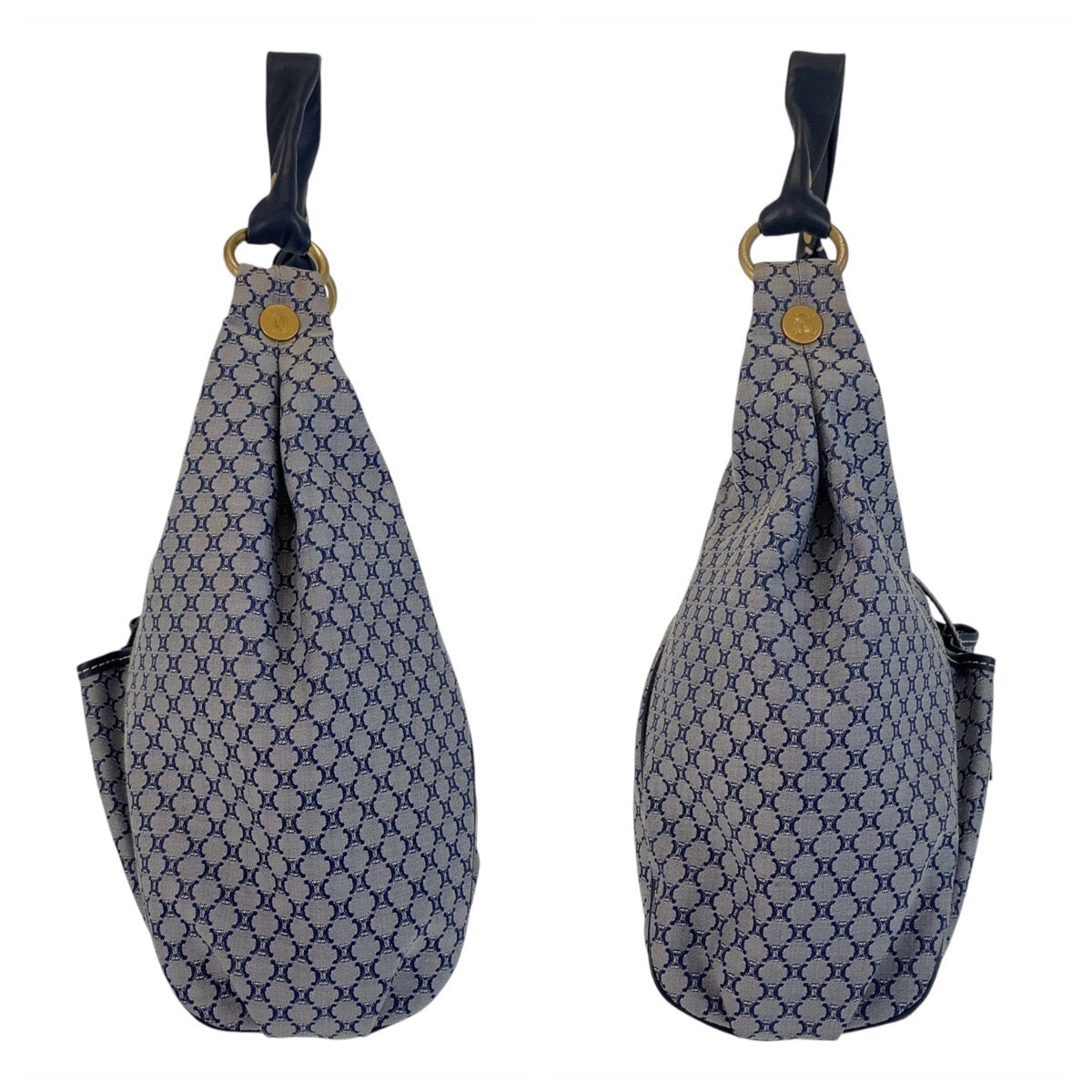 14632
CELINE セリーヌ マカダム グレー ネイビー ゴールド金具 キャンバス / レザー ホーボー ショルダーバッグ  レディース ABP32