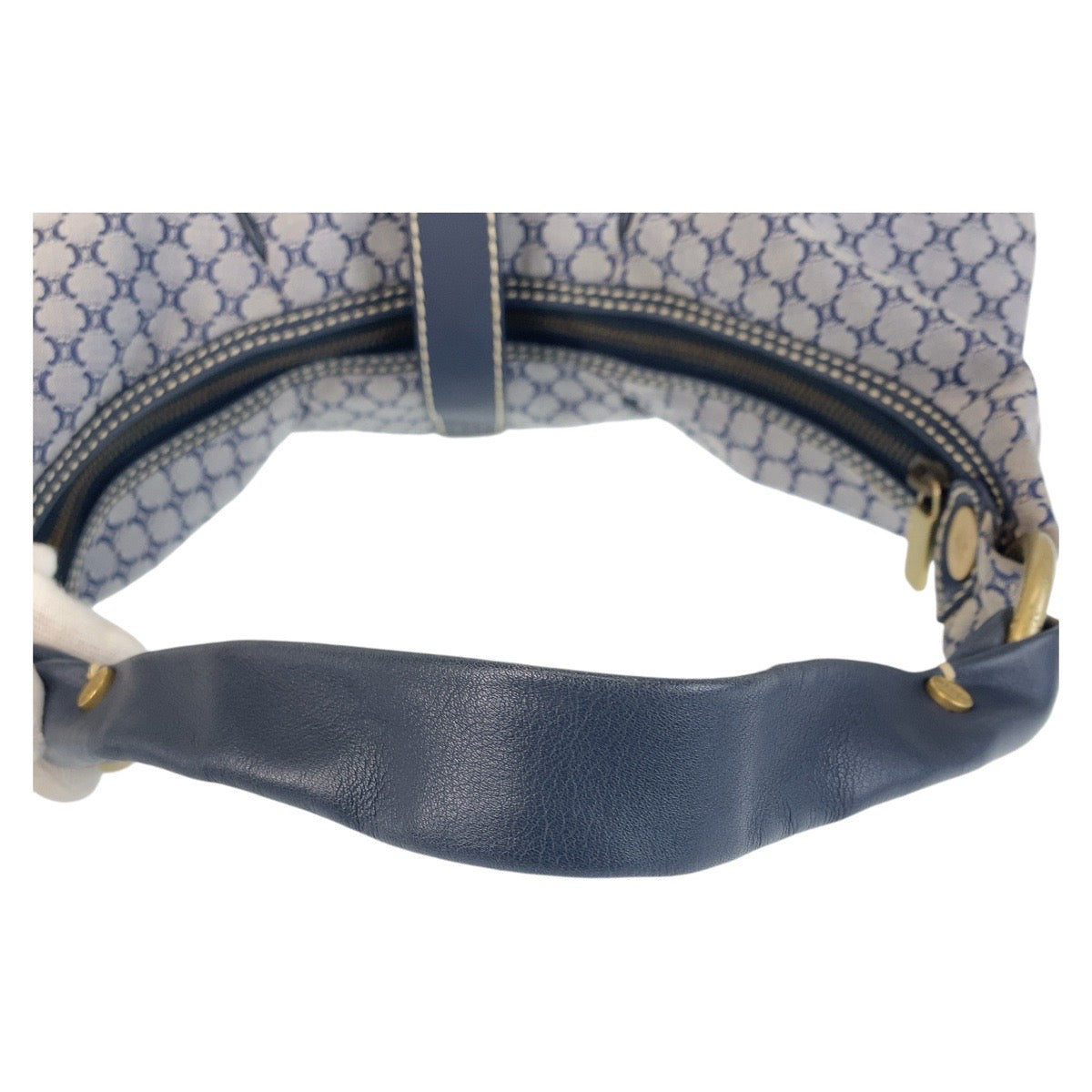 14632
CELINE セリーヌ マカダム グレー ネイビー ゴールド金具 キャンバス / レザー ホーボー ショルダーバッグ  レディース ABP32