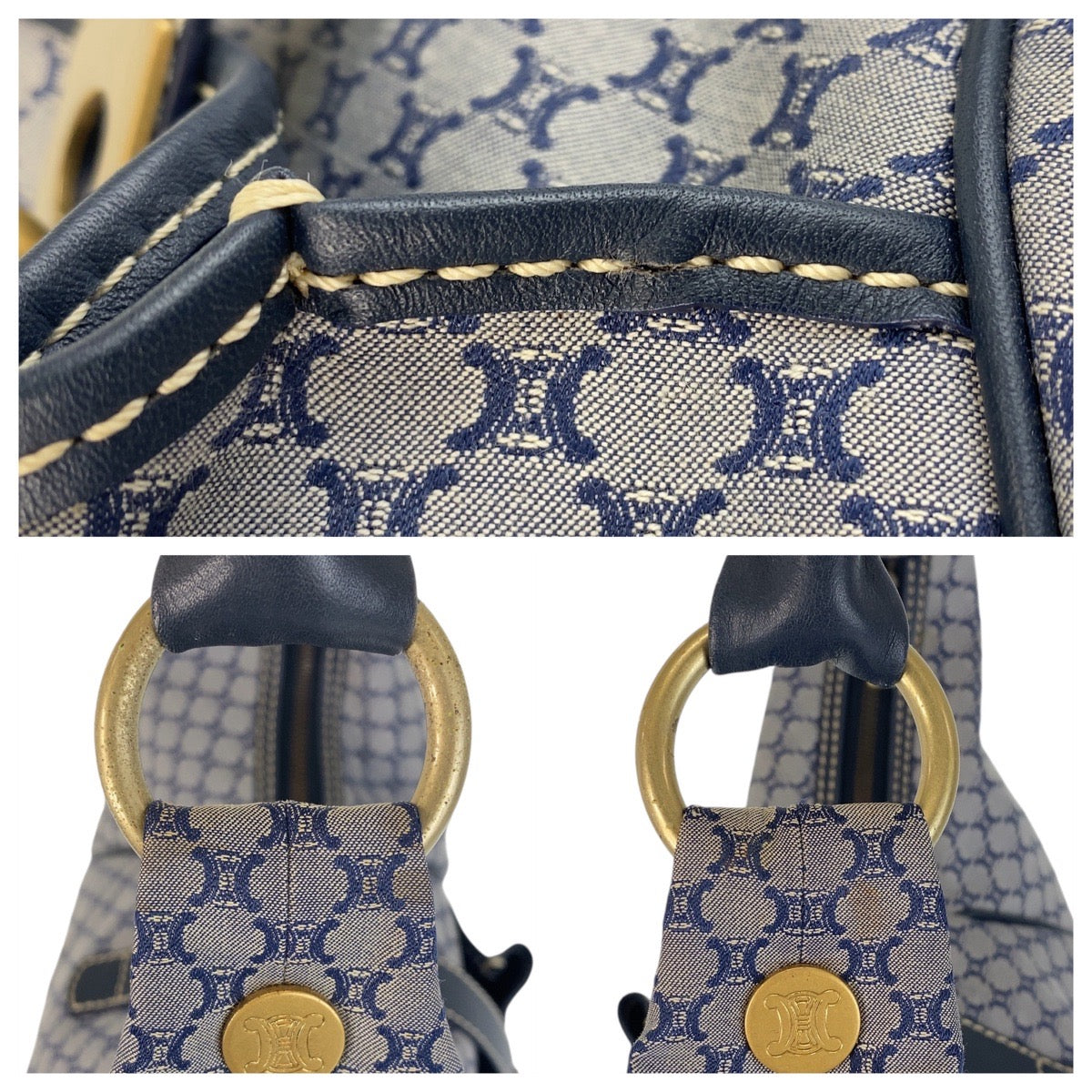 14632
CELINE セリーヌ マカダム グレー ネイビー ゴールド金具 キャンバス / レザー ホーボー ショルダーバッグ  レディース ABP32