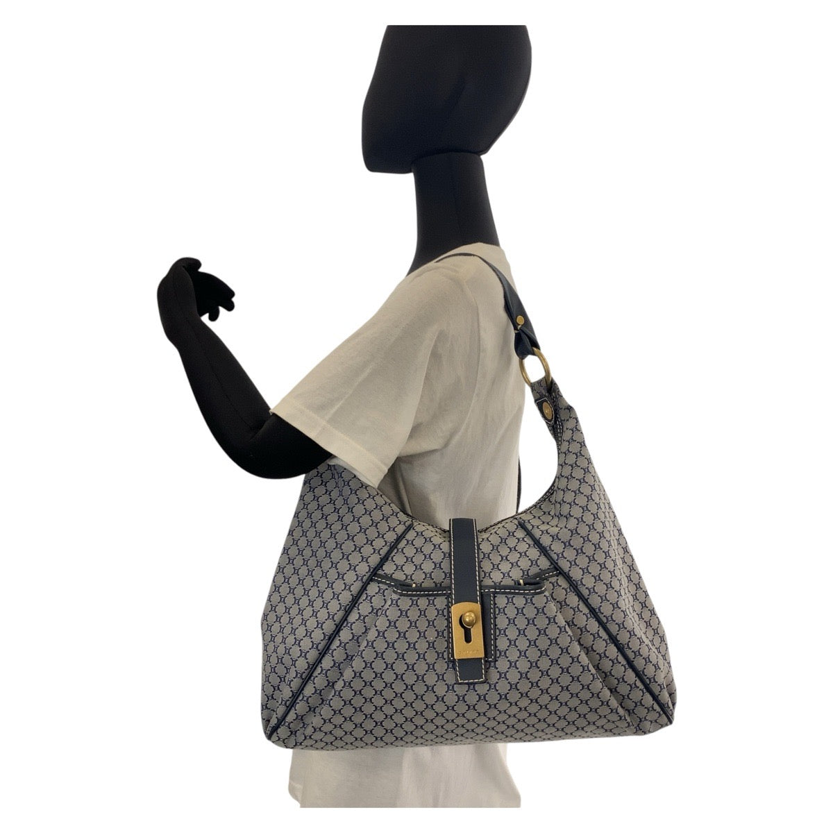 14632
CELINE セリーヌ マカダム グレー ネイビー ゴールド金具 キャンバス / レザー ホーボー ショルダーバッグ  レディース ABP32