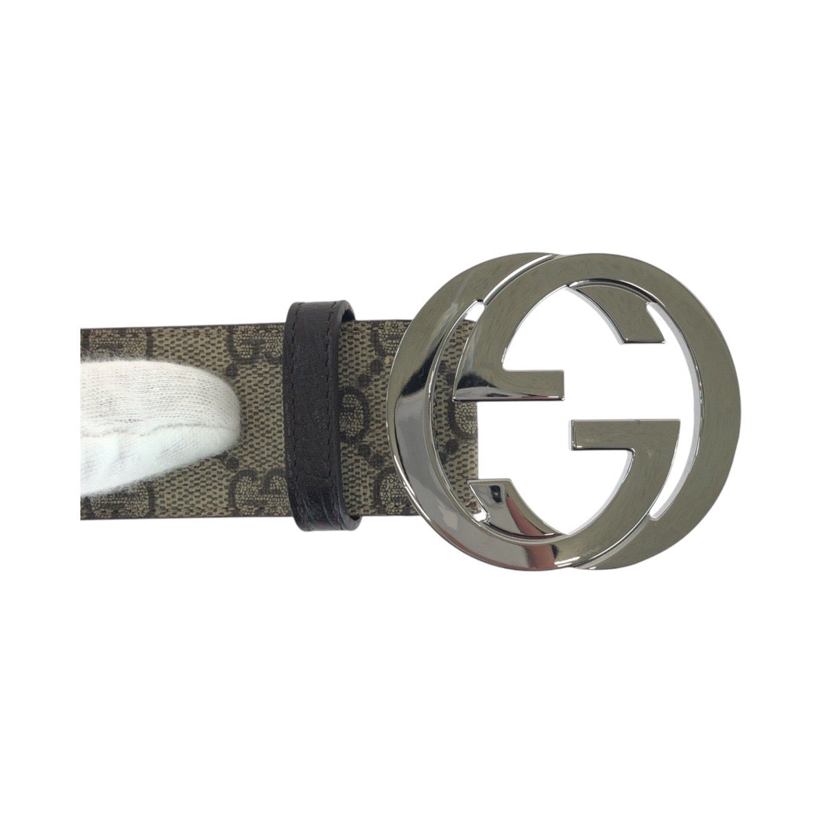 14636
GUCCI グッチ インターロッキング 85cm/34インチ グレー ブラウン シルバー金具 GGスプリームキャンバス / レザー 114984 ベルト  メンズ
