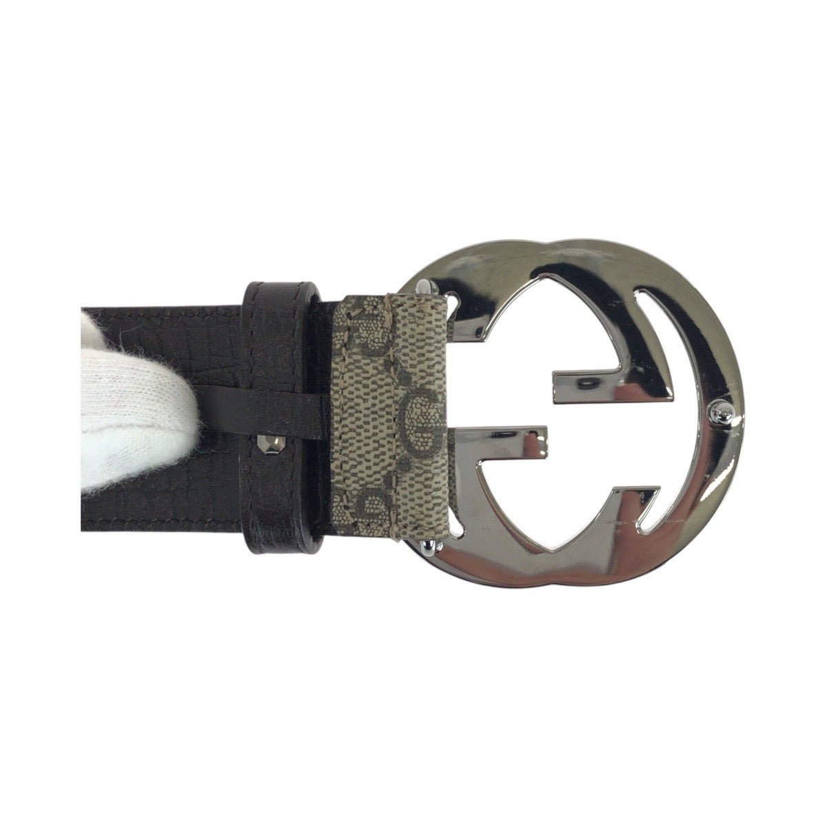 14636
GUCCI グッチ インターロッキング 85cm/34インチ グレー ブラウン シルバー金具 GGスプリームキャンバス / レザー 114984 ベルト  メンズ
