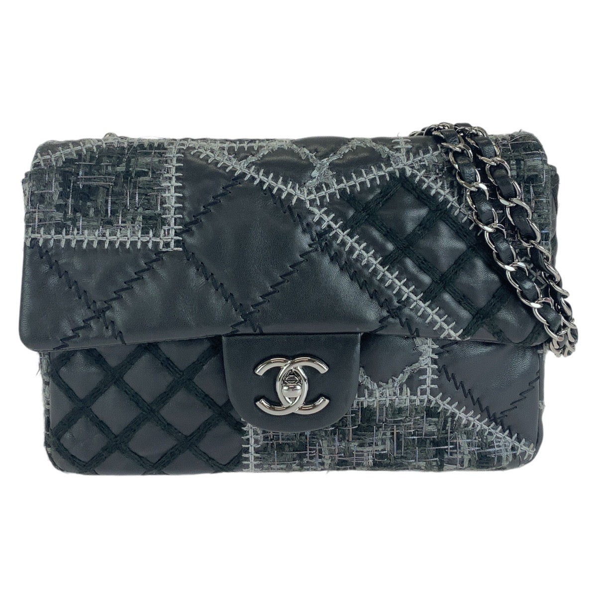 CHANEL シャネル ワイルドステッチ パッチワーク ココマーク ターンロック ブラック 黒 シルバー金具 ラムスキン / ツイード ショルダーバッグ  レディース