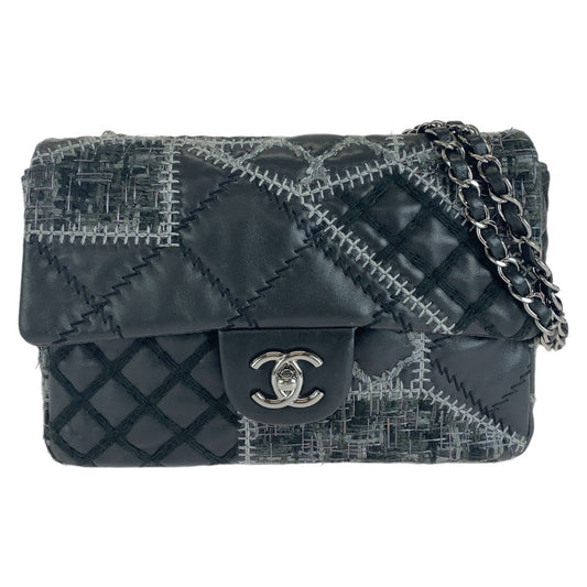 CHANEL シャネル ワイルドステッチ パッチワーク ココマーク ターンロック ブラック 黒 シルバー金具 ラムスキン / ツイード ショルダーバッグ  レディース