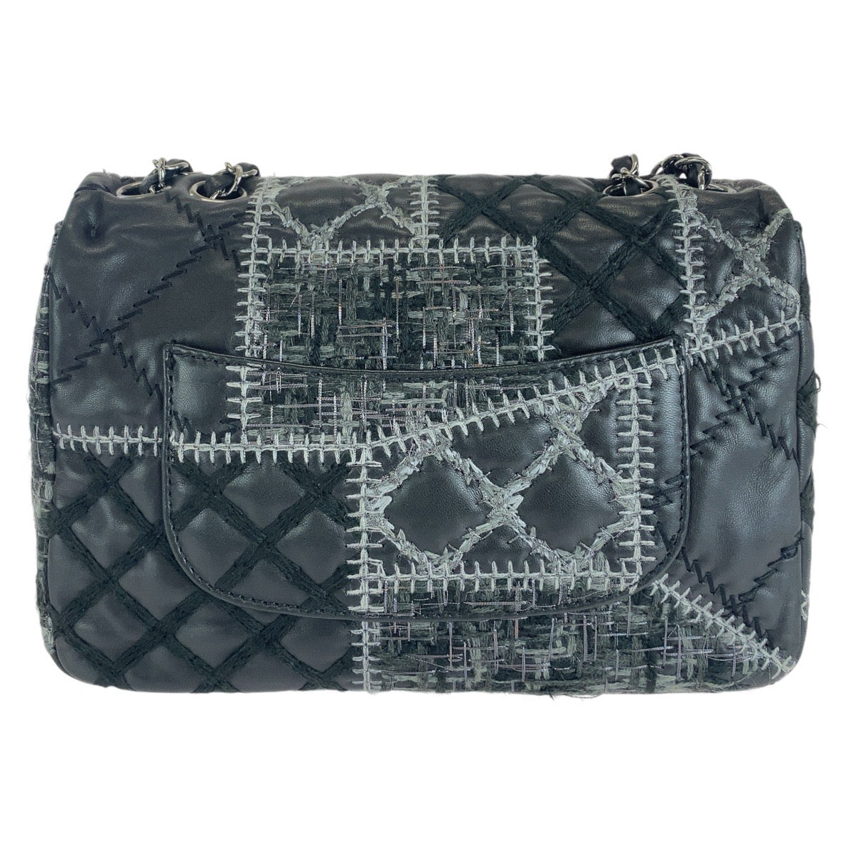 CHANEL シャネル ワイルドステッチ パッチワーク ココマーク ターンロック ブラック 黒 シルバー金具 ラムスキン / ツイード ショルダーバッグ  レディース