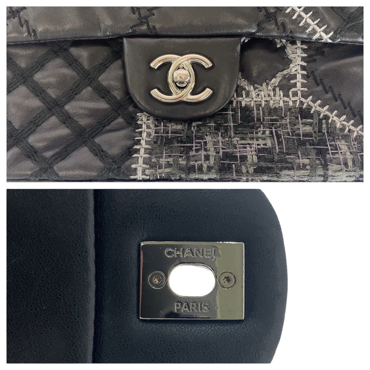 CHANEL シャネル ワイルドステッチ パッチワーク ココマーク ターンロック ブラック 黒 シルバー金具 ラムスキン / ツイード ショルダーバッグ  レディース