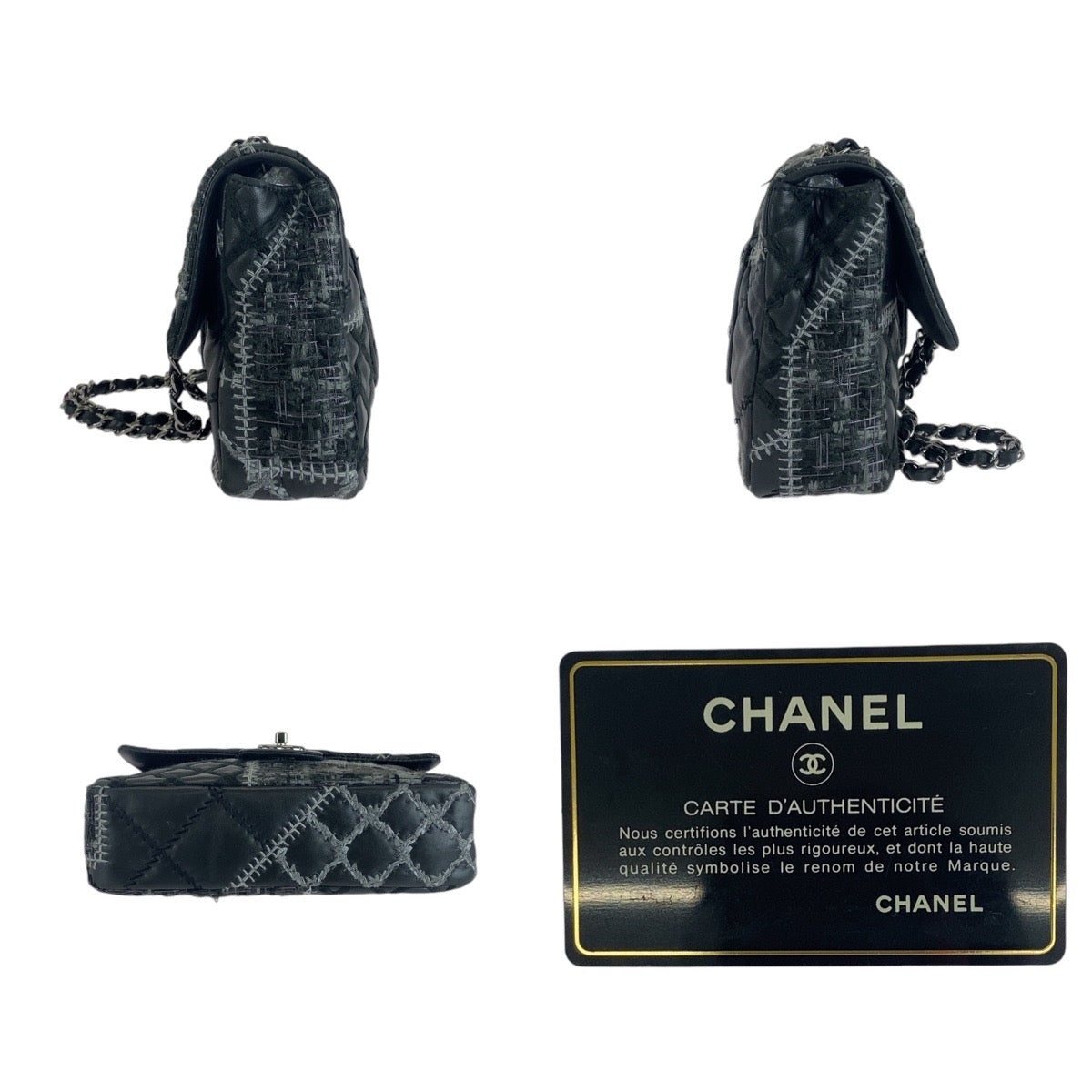 CHANEL シャネル ワイルドステッチ パッチワーク ココマーク ターンロック ブラック 黒 シルバー金具 ラムスキン / ツイード ショルダーバッグ  レディース
