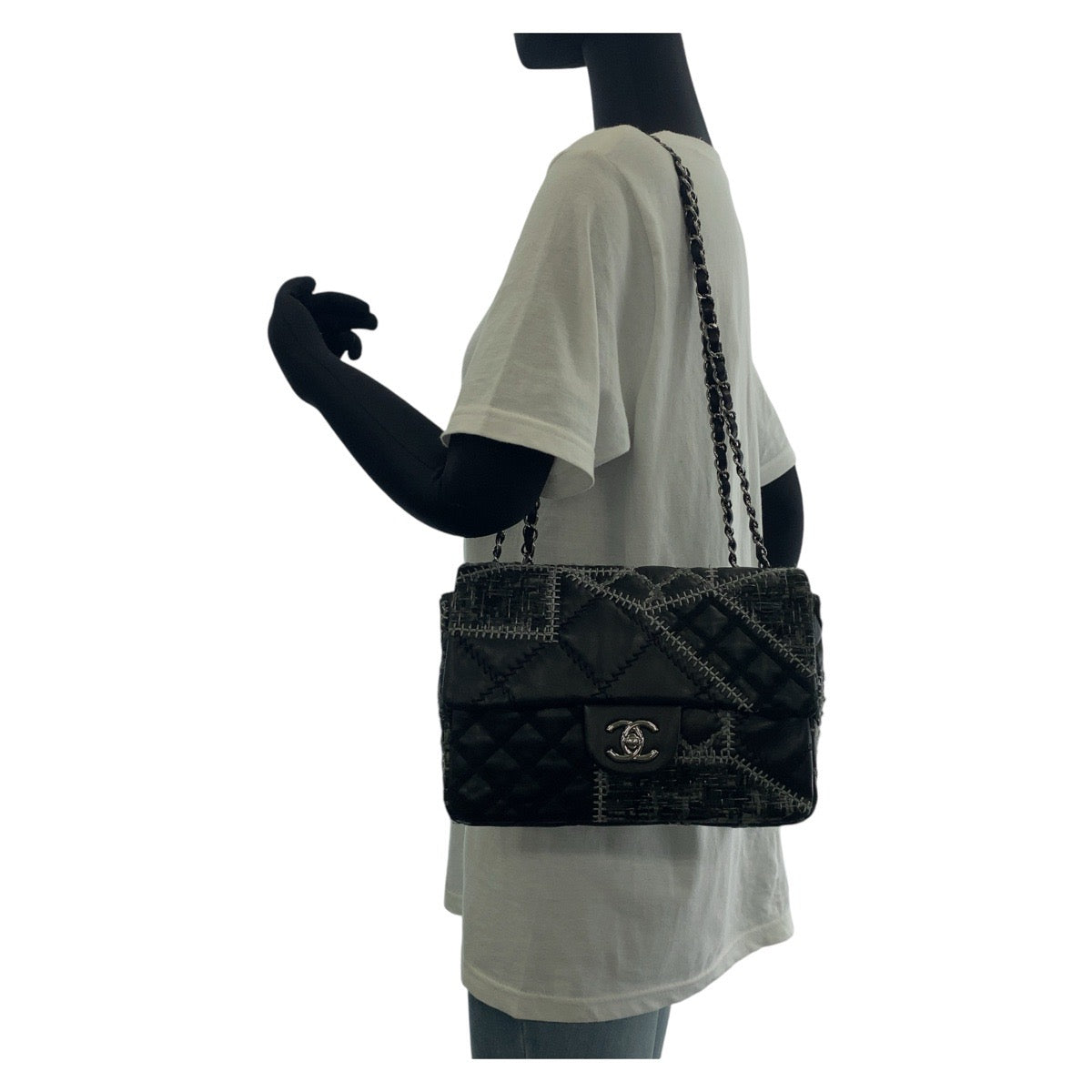 CHANEL シャネル ワイルドステッチ パッチワーク ココマーク ターンロック ブラック 黒 シルバー金具 ラムスキン / ツイード ショルダーバッグ  レディース