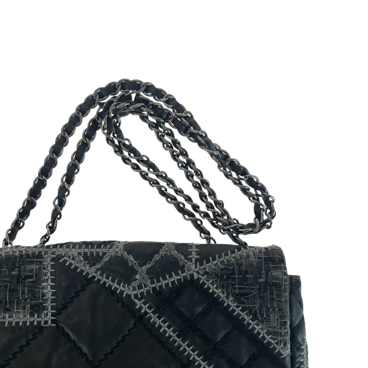 CHANEL シャネル ワイルドステッチ パッチワーク ココマーク ターンロック ブラック 黒 シルバー金具 ラムスキン / ツイード ショルダーバッグ  レディース