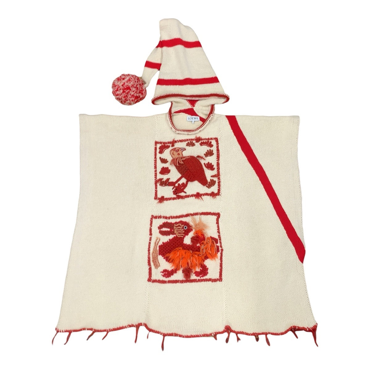 14649
LOEWE ロエベ コレクションライン One Size アイボリー レッド ウール ポンチョ 刺繍ニット メンズ A67