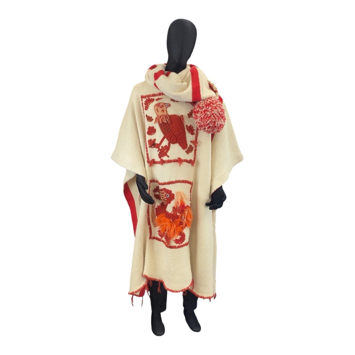 14649
LOEWE ロエベ コレクションライン One Size アイボリー レッド ウール ポンチョ 刺繍ニット メンズ A67