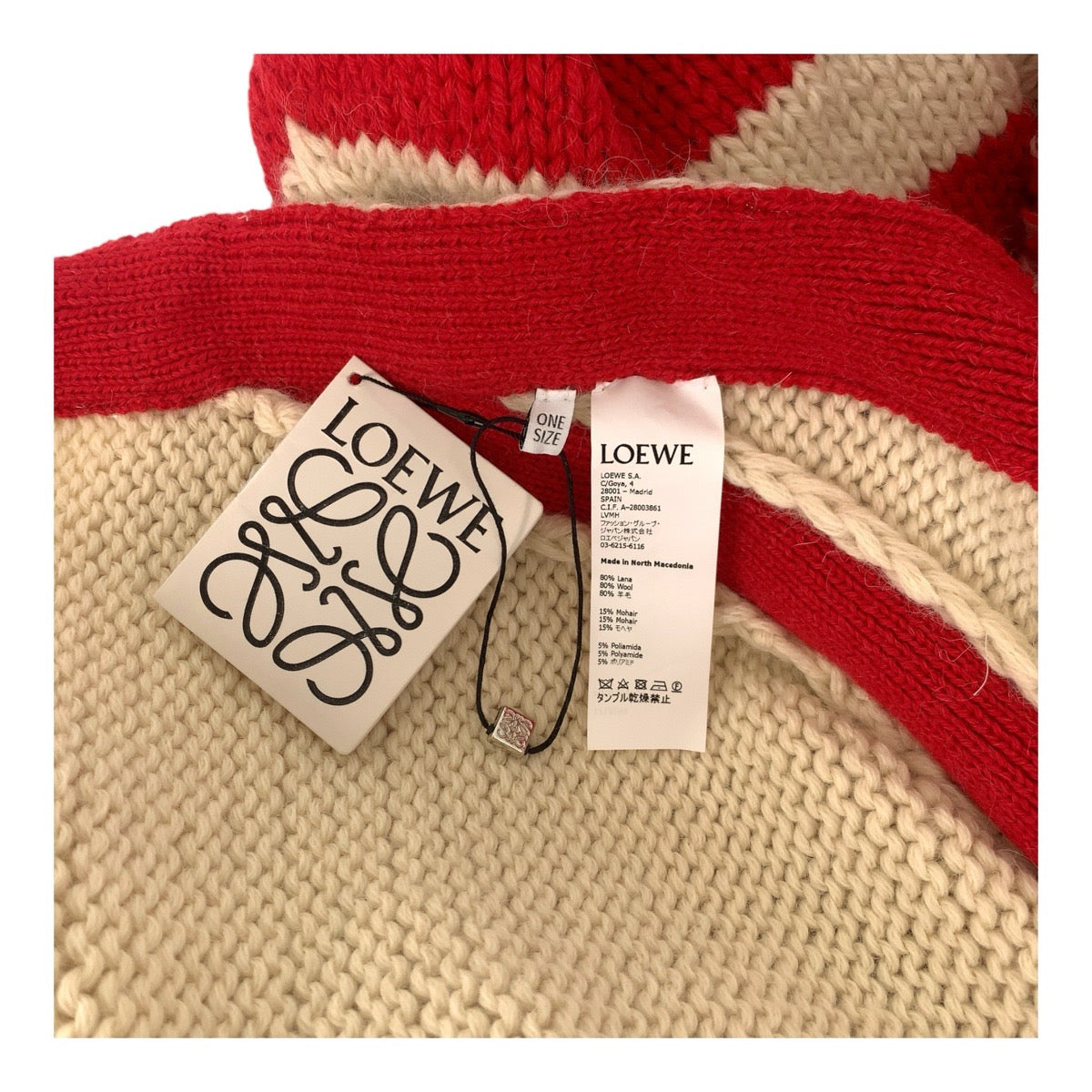 14649
LOEWE ロエベ コレクションライン One Size アイボリー レッド ウール ポンチョ 刺繍ニット メンズ A67
