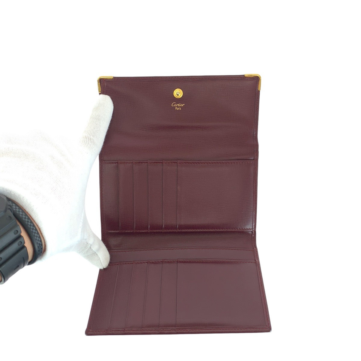 14655
CARTIER カルティエ マストライン ワインレッド ボルドー ゴールド金具 レザー 折財布 コンパクトウォレット  レディース