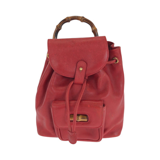 14708
GUCCI グッチ ヴィンテージ バンブー レッド ブラウン ゴールド金具 レザー 003 2058 0080 リュックサック バックパック  レディース AB18