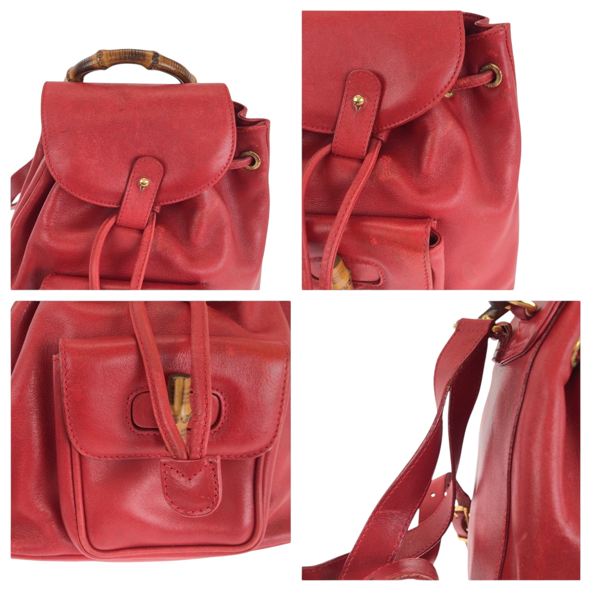 14708
GUCCI グッチ ヴィンテージ バンブー レッド ブラウン ゴールド金具 レザー 003 2058 0080 リュックサック バックパック  レディース AB18