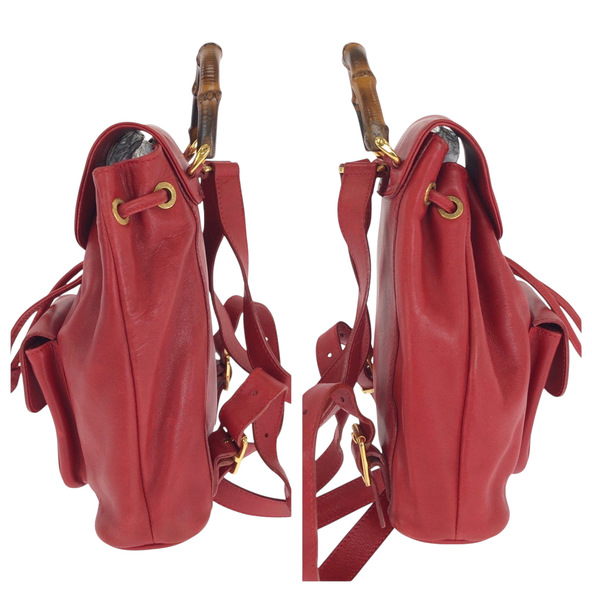 14708
GUCCI グッチ ヴィンテージ バンブー レッド ブラウン ゴールド金具 レザー 003 2058 0080 リュックサック バックパック  レディース AB18