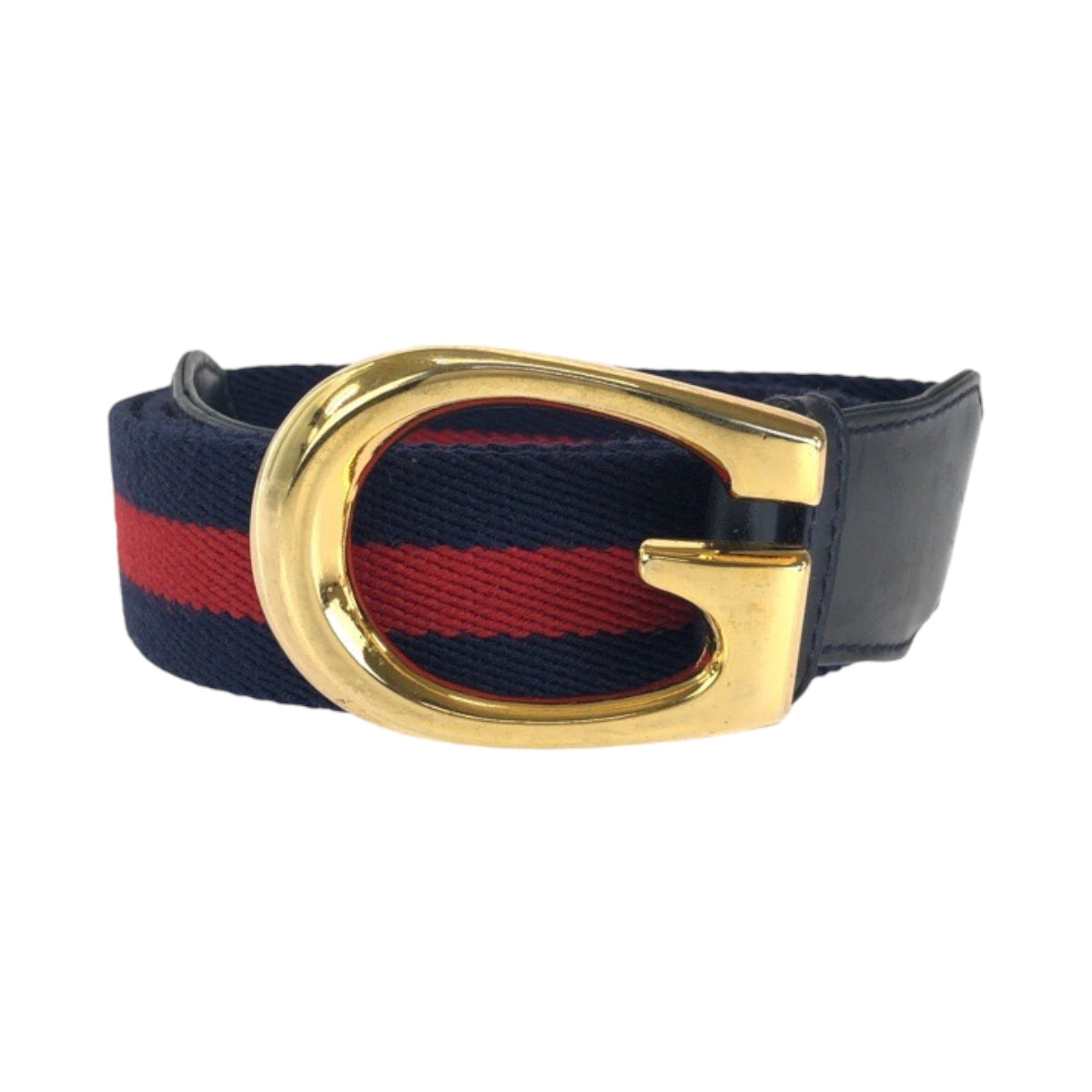 14710
GUCCI グッチ シェリーライン Gロゴ 95cm/38inc ゴールド金具 ネイビー レッド コットン ベルト バックル  メンズ