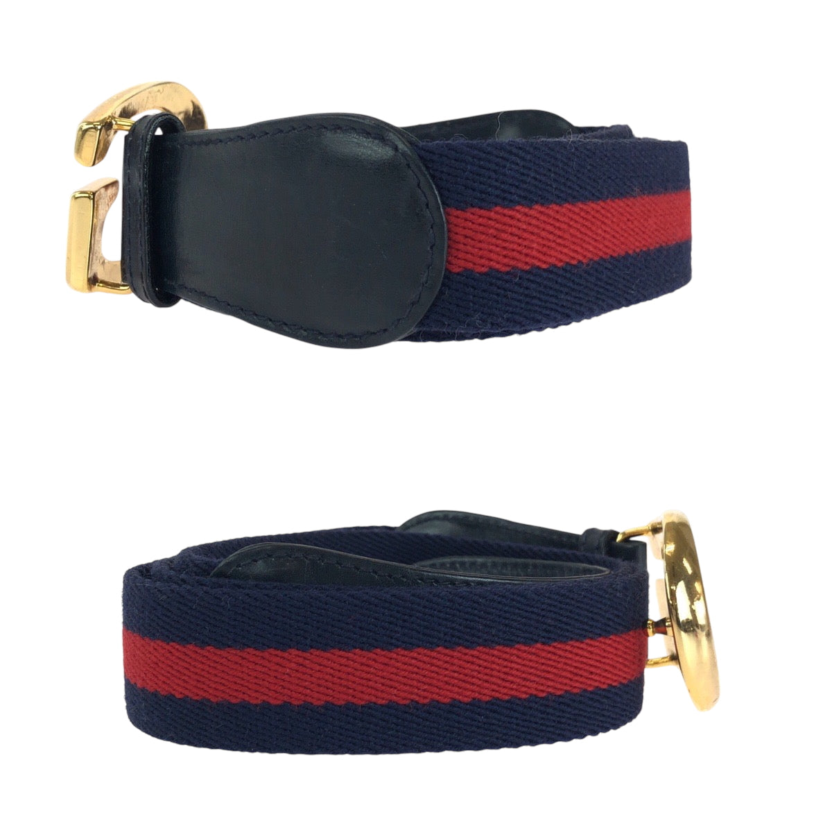 14710
GUCCI グッチ シェリーライン Gロゴ 95cm/38inc ゴールド金具 ネイビー レッド コットン ベルト バックル  メンズ