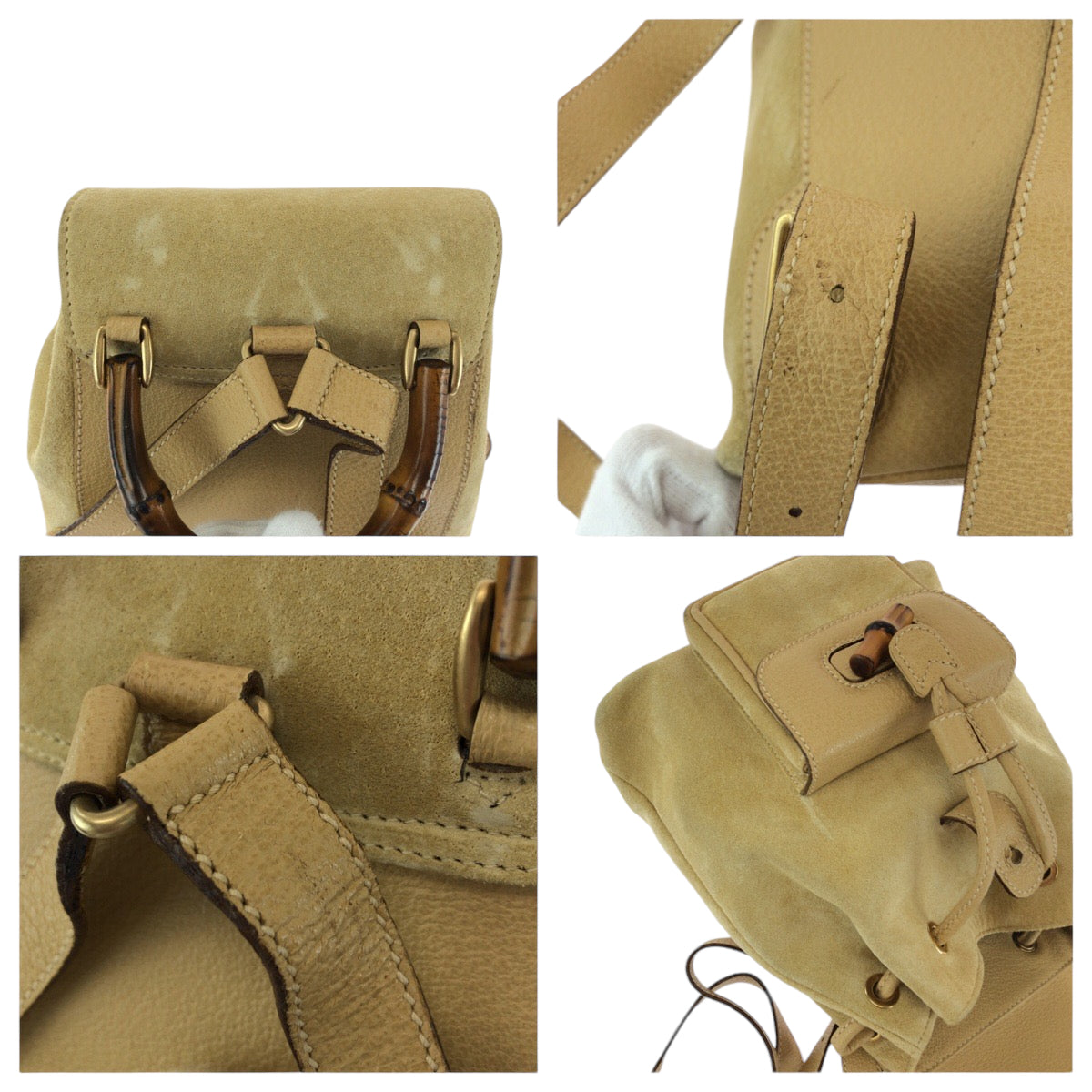 14714
GUCCI グッチ ヴィンテージ バンブー オールドグッチ ベージュ ブラウン ゴールド金具 スウェード 003 8030 リュックサック バックパック  レディース