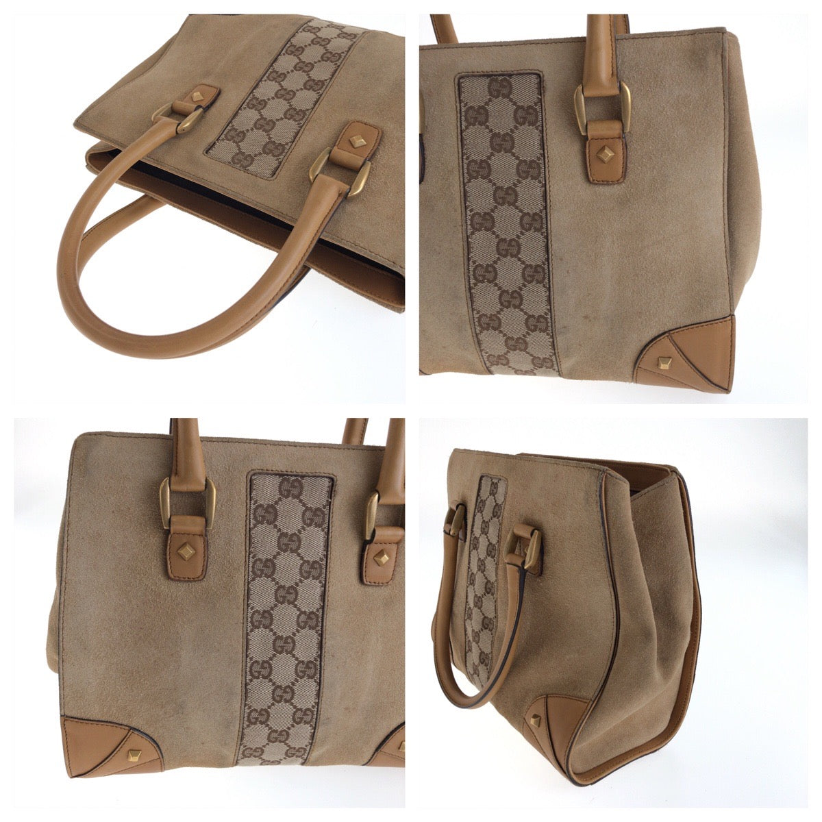 14730
GUCCI グッチ ベージュ ブラウン ゴールド金具 スウェード / GGキャンバス 120895 ハンドバッグ トートバッグ  レディース