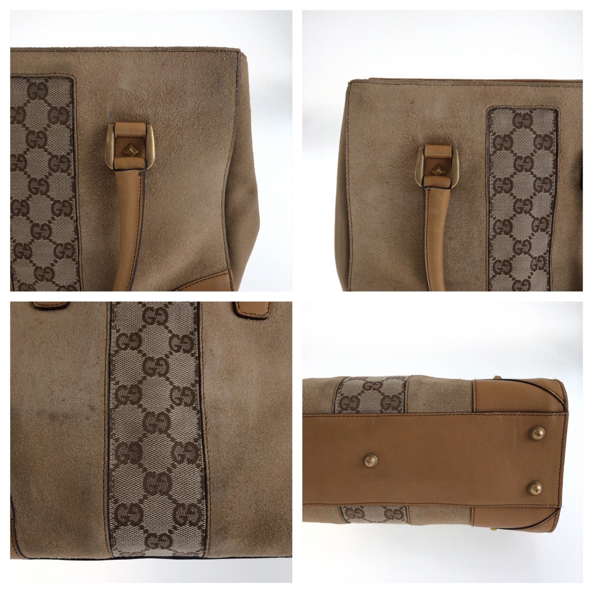 14730
GUCCI グッチ ベージュ ブラウン ゴールド金具 スウェード / GGキャンバス 120895 ハンドバッグ トートバッグ  レディース