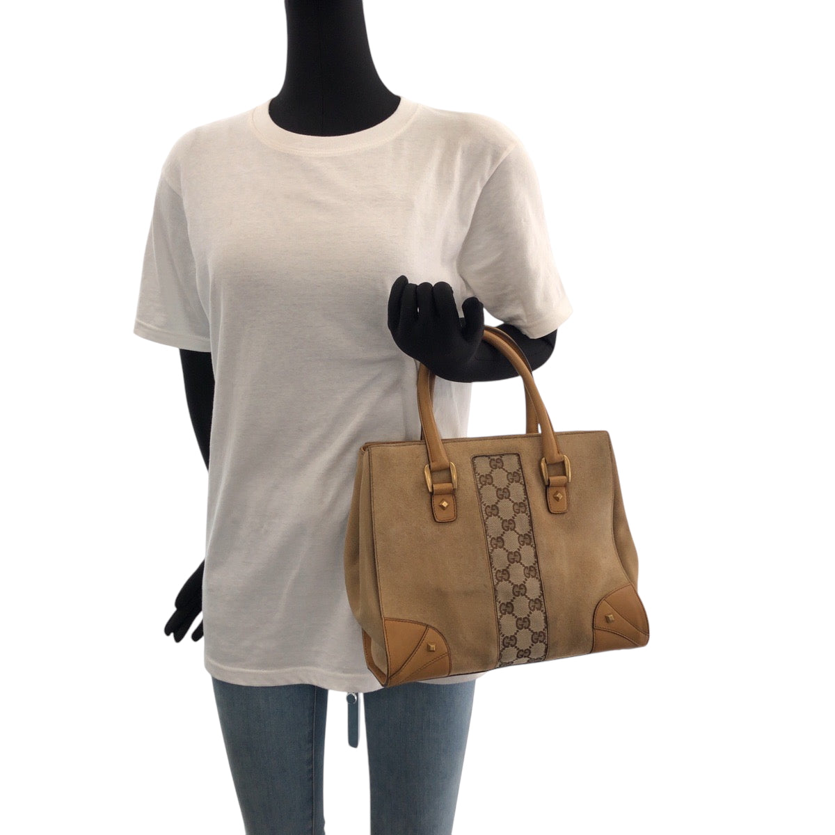 14730
GUCCI グッチ ベージュ ブラウン ゴールド金具 スウェード / GGキャンバス 120895 ハンドバッグ トートバッグ  レディース