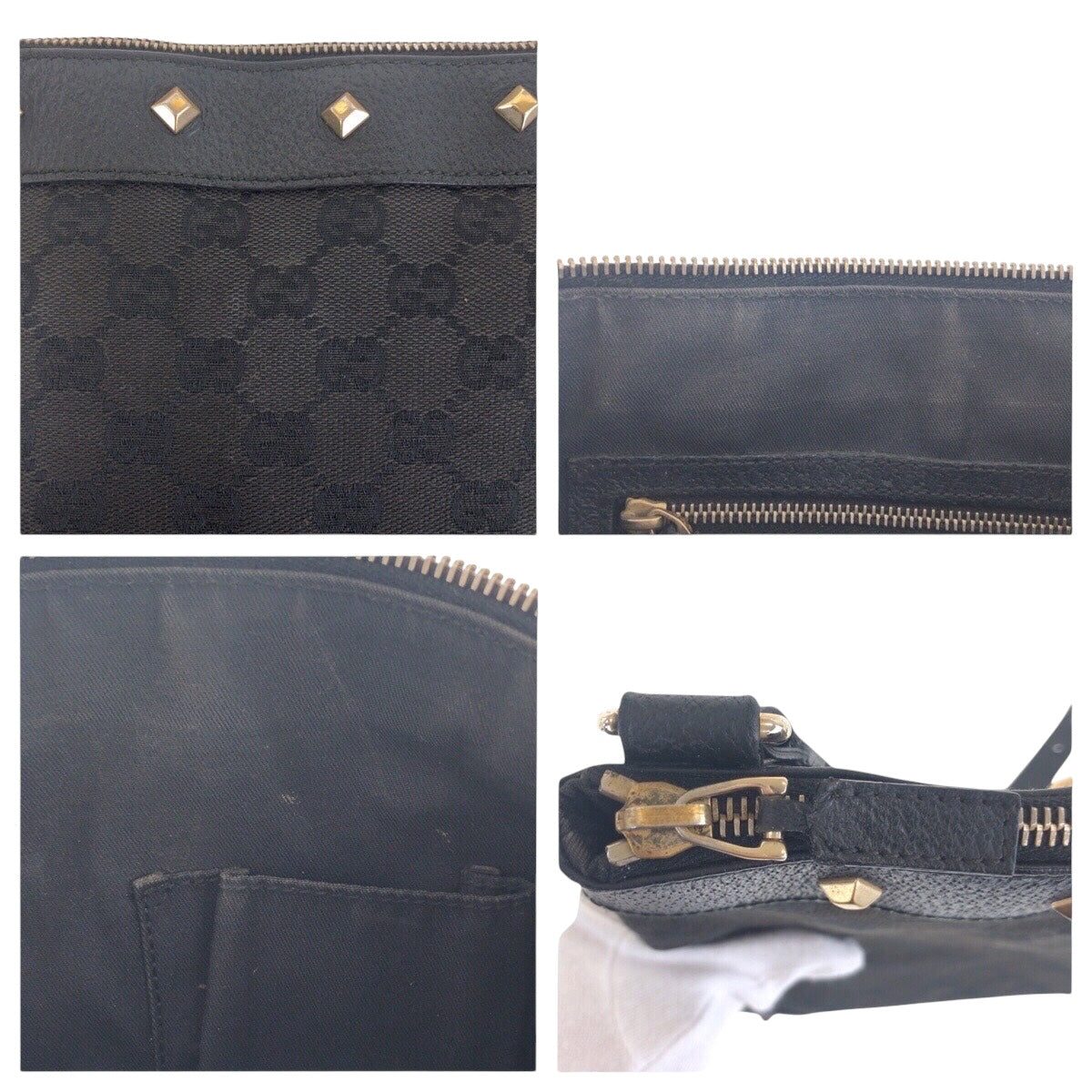 14736
GUCCI グッチ ブラック 黒 ゴールド金具 GGキャンバス / レザー 120893 斜め掛け ショルダーバッグ スタッズ  レディース