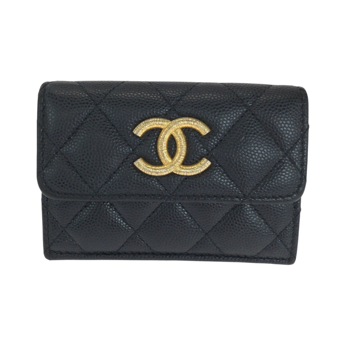 14741
CHANEL シャネル マトラッセ ココマーク ブラック 黒 ゴールド金具 キャビアスキン 折財布 コンパクトウォレット  レディース
