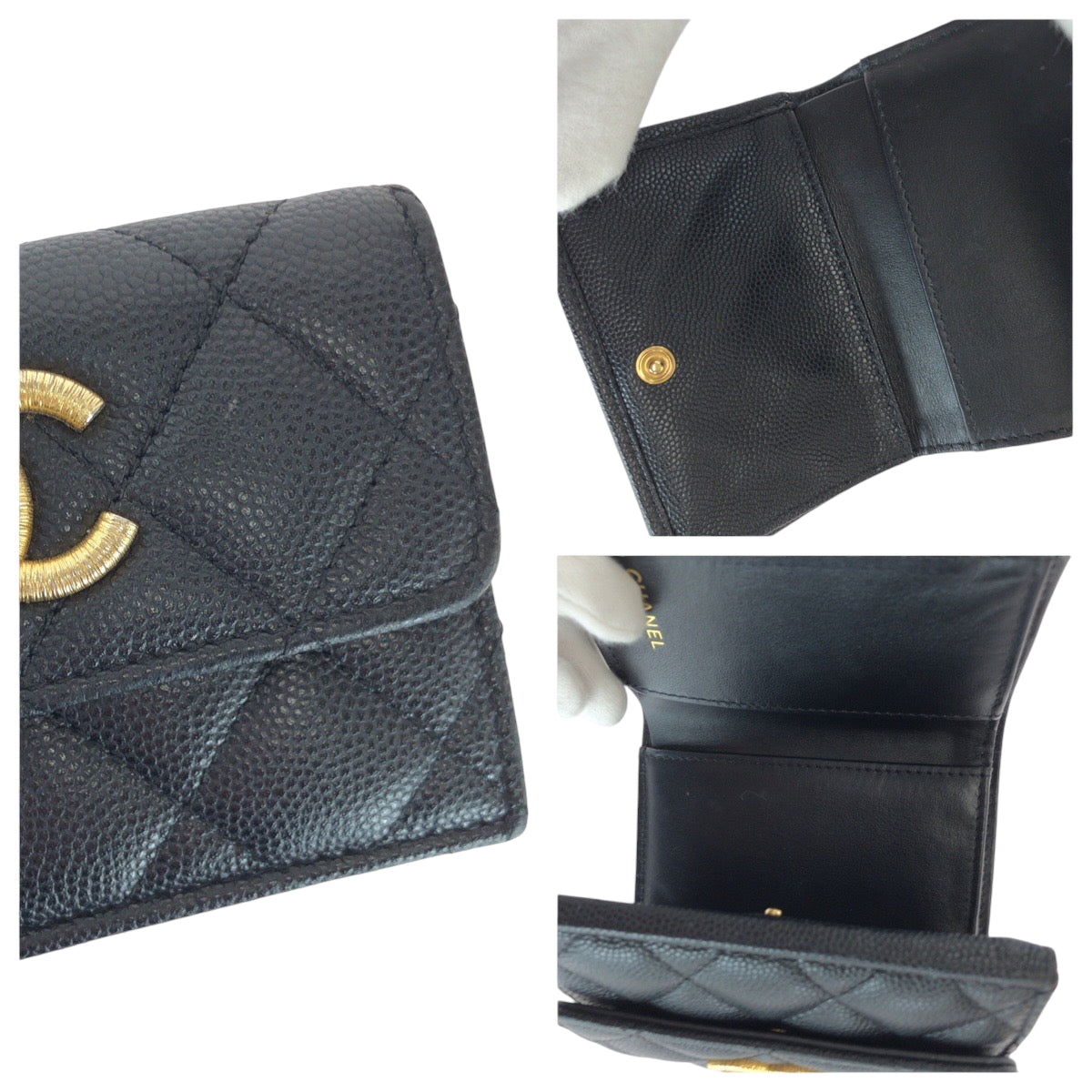 14741
CHANEL シャネル マトラッセ ココマーク ブラック 黒 ゴールド金具 キャビアスキン 折財布 コンパクトウォレット  レディース