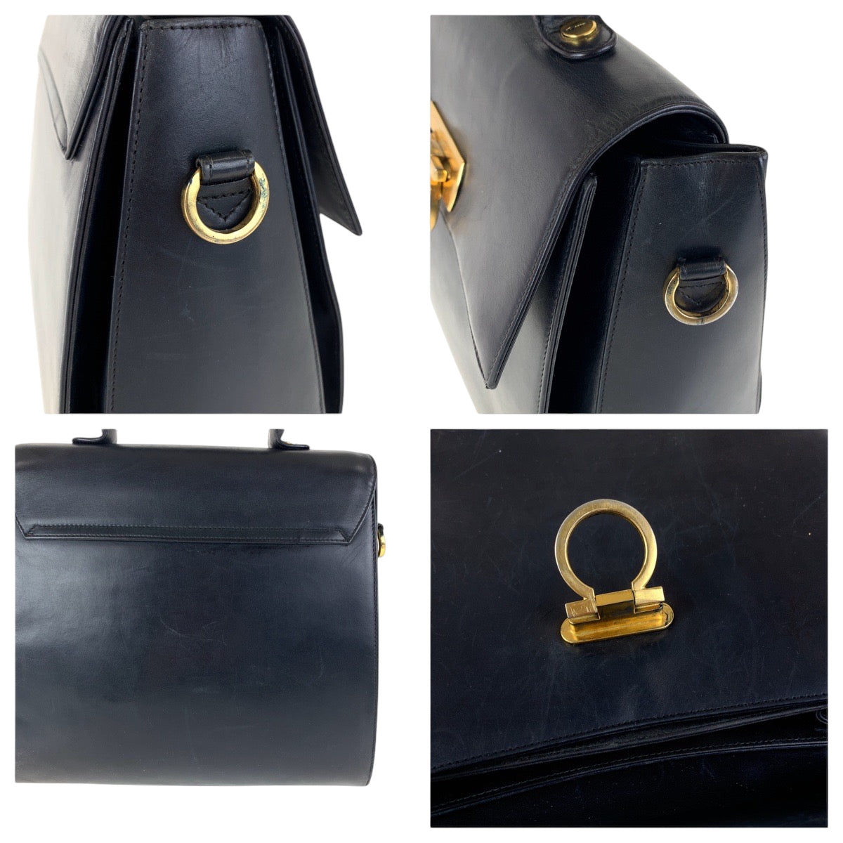14758
Salvatore Ferragamo サルヴァトーレフェラガモ ヴィンテージ ガンチーニ ブラック 黒 ゴールド金具 レザー E210536 ハンドバッグ  レディース