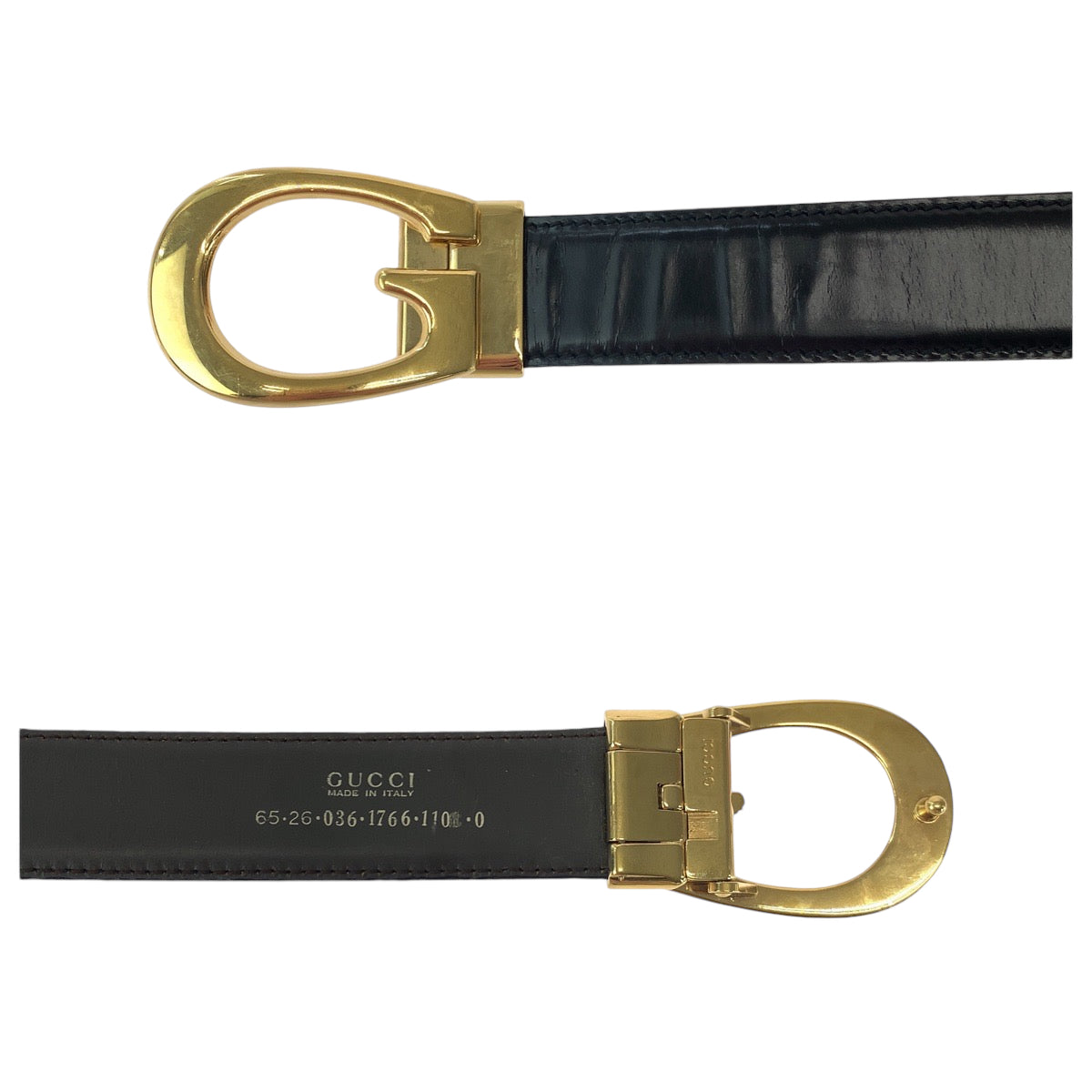 14777
GUCCI グッチ Gバックル 65cm/26inc ブラック ブラウン ゴールド金具 レザー 036 1766 ベルト リバーシブル  レディース