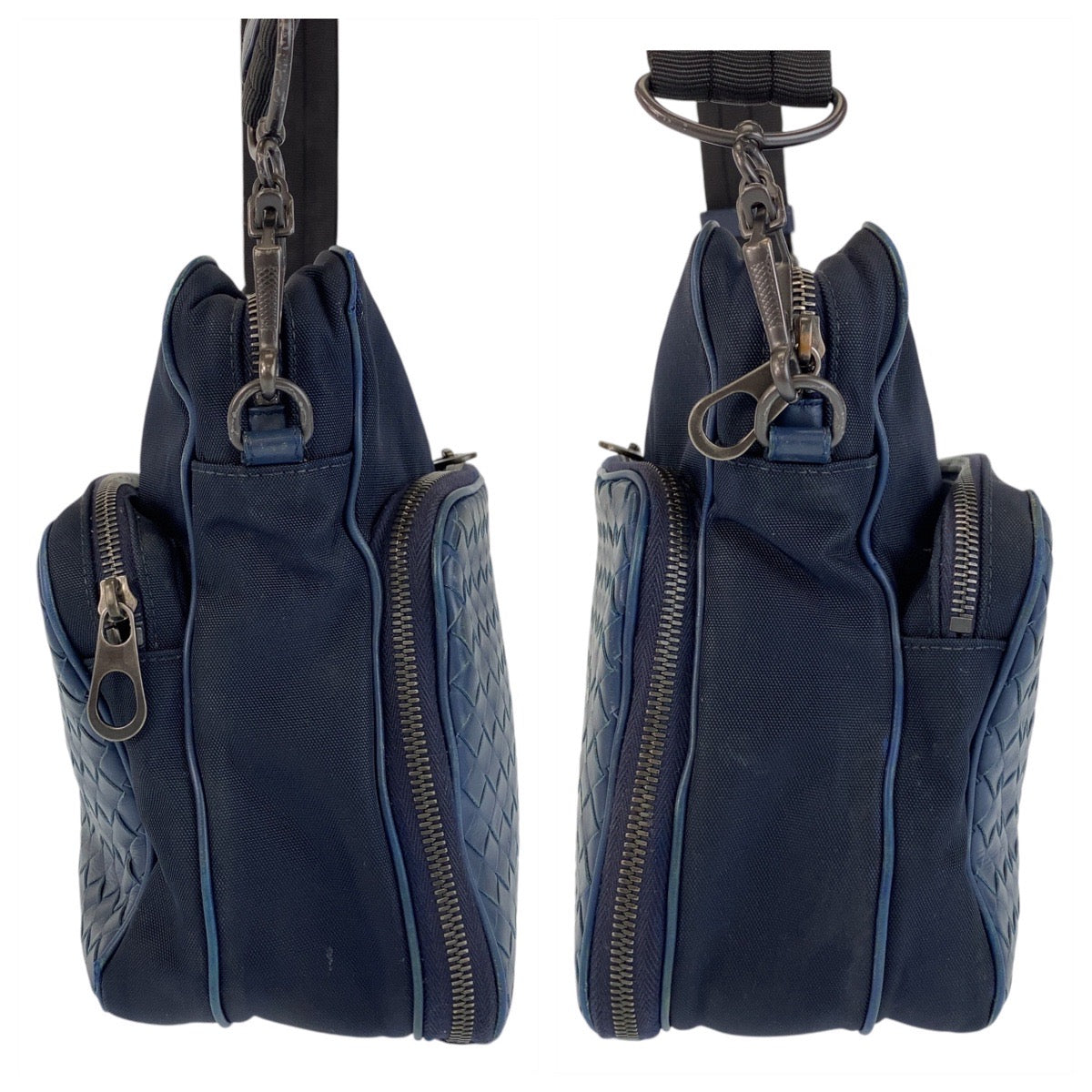 14781
BOTTEGAVENETA ボッテガヴェネタ イントレチャート ブルー ネイビー レザー / キャンバス ショルダーバッグ メッセンジャーバッグ  レディース