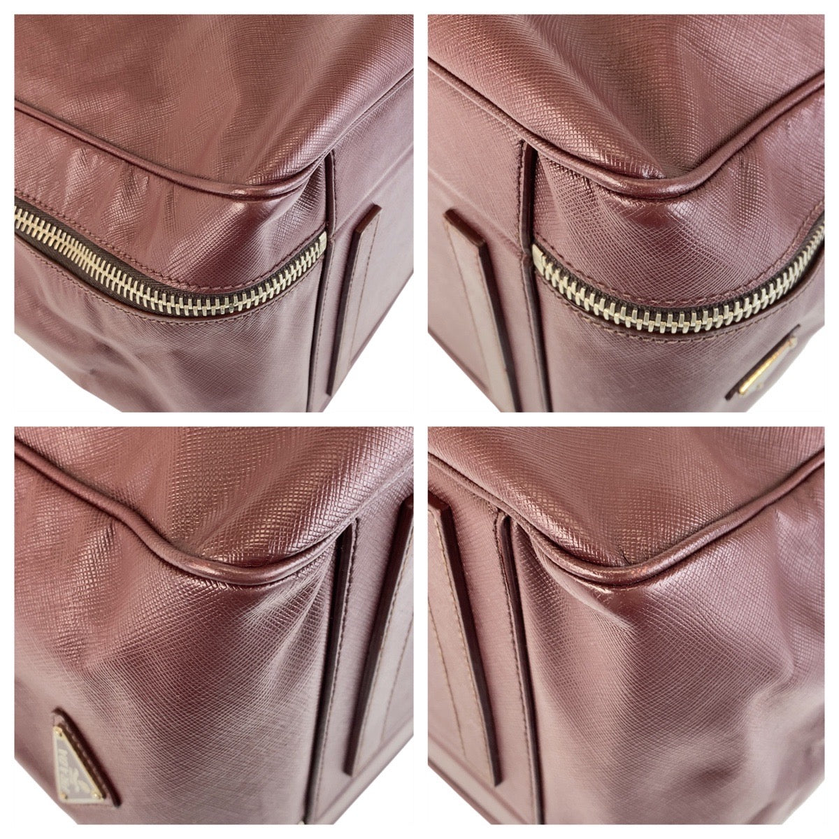 14816
 PRADA Prada Saffiano Triangle Logo Plate Wine Red Silver Hardware Leather Boston Bag Business Bag Men's