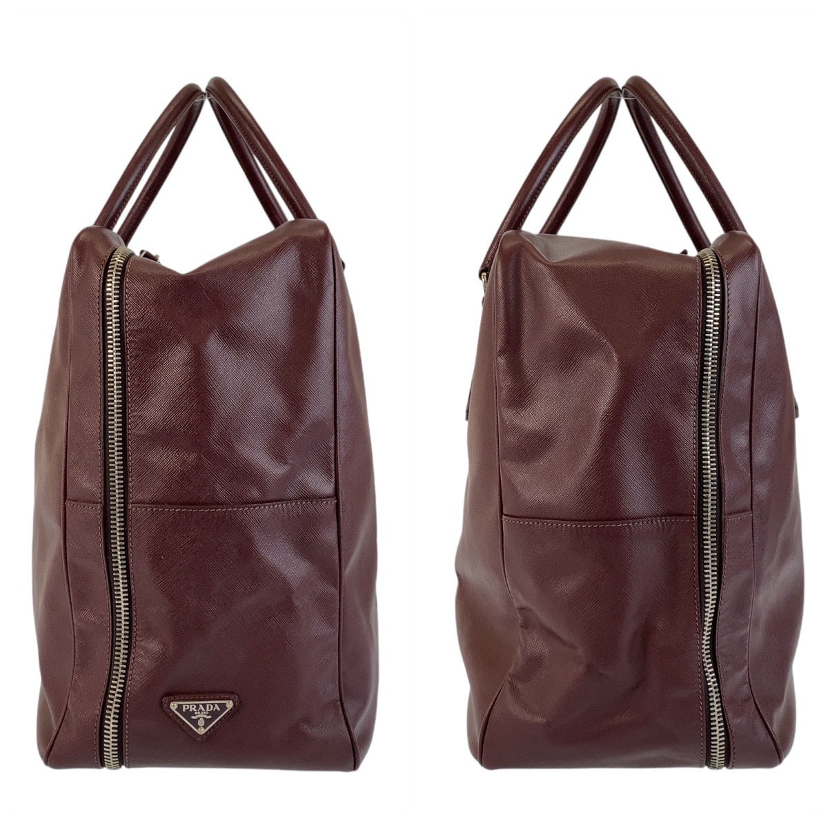 14816
 PRADA Prada Saffiano Triangle Logo Plate Wine Red Silver Hardware Leather Boston Bag Business Bag Men's