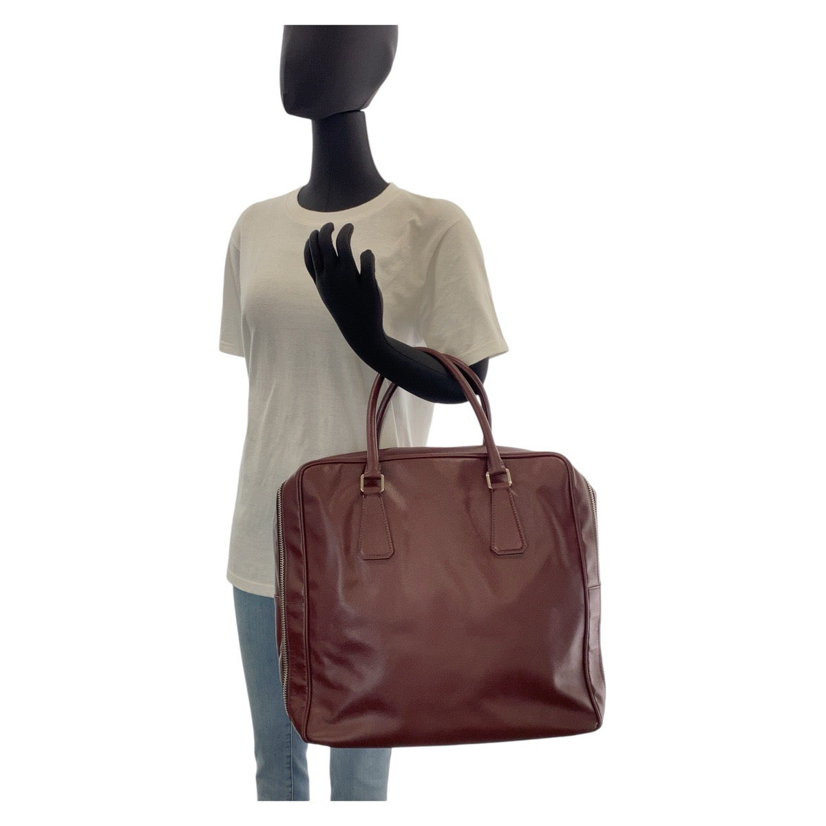 14816
 PRADA Prada Saffiano Triangle Logo Plate Wine Red Silver Hardware Leather Boston Bag Business Bag Men's