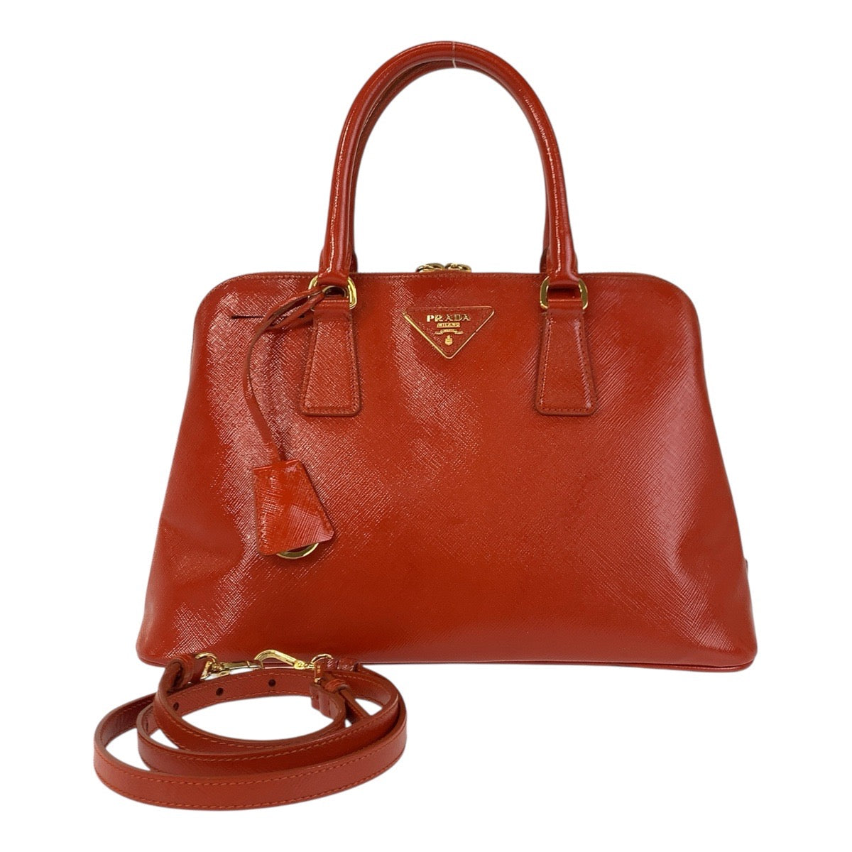 14818
PRADA プラダ サフィアーノ 三角ロゴプレート オレンジ ゴールド金具 レザー ハンドバッグ ショルダーバッグ 2way  レディース