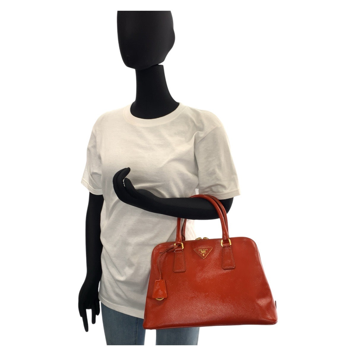 14818
PRADA プラダ サフィアーノ 三角ロゴプレート オレンジ ゴールド金具 レザー ハンドバッグ ショルダーバッグ 2way  レディース