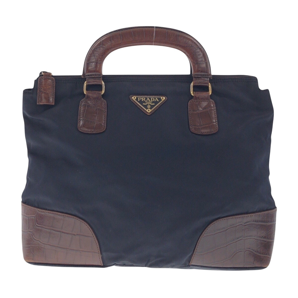 14821
PRADA プラダ テスート 型押し 三角ロゴプレート ネイビー ブラウン ゴールド金具 ナイロン / レザー トートバッグ ハンドバッグ  レディース ABP22