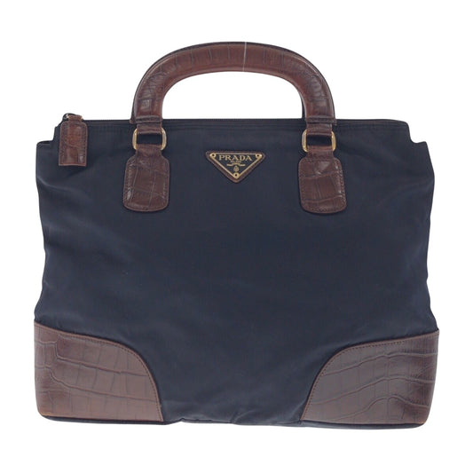 14821
PRADA プラダ テスート 型押し 三角ロゴプレート ネイビー ブラウン ゴールド金具 ナイロン / レザー トートバッグ ハンドバッグ  レディース ABP22